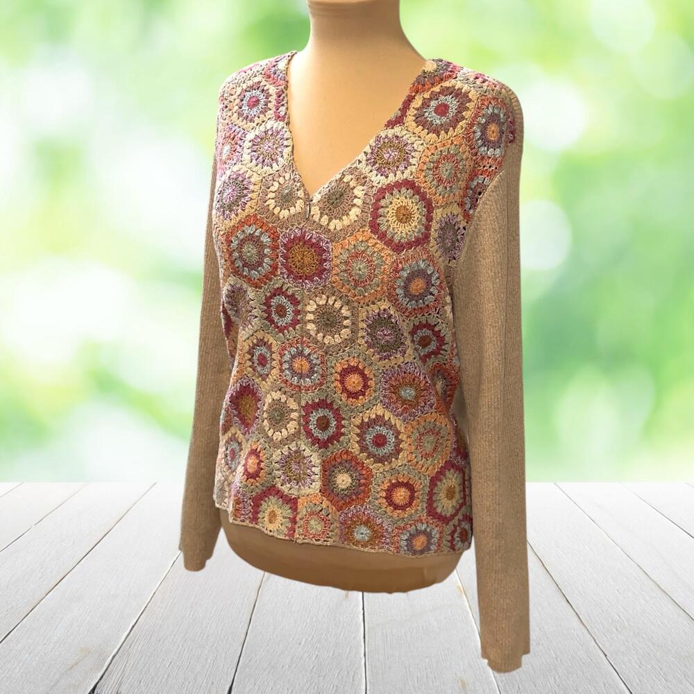 Vintage TALBOTS Granny Square Zip Cardigan Crochet Cotton Folk Art Boho Tan Sz L